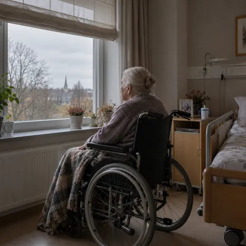 Ältere Frau sitzt allein im Rollstuhl am Fenster eines Pflegeheimzimmers
