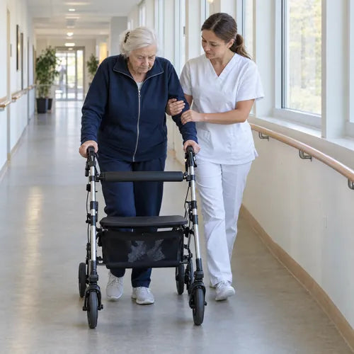 Ältere Frau lernt mit Rollator und Physiotherapeutin wieder laufen