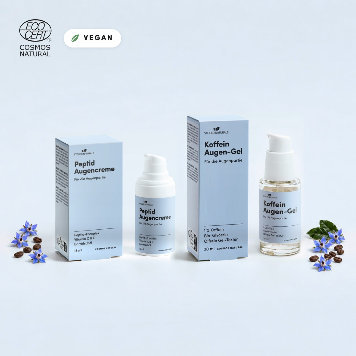 Augen-Routine von Steiger Naturals: Peptid Augencreme und Koffein Augen-Gel