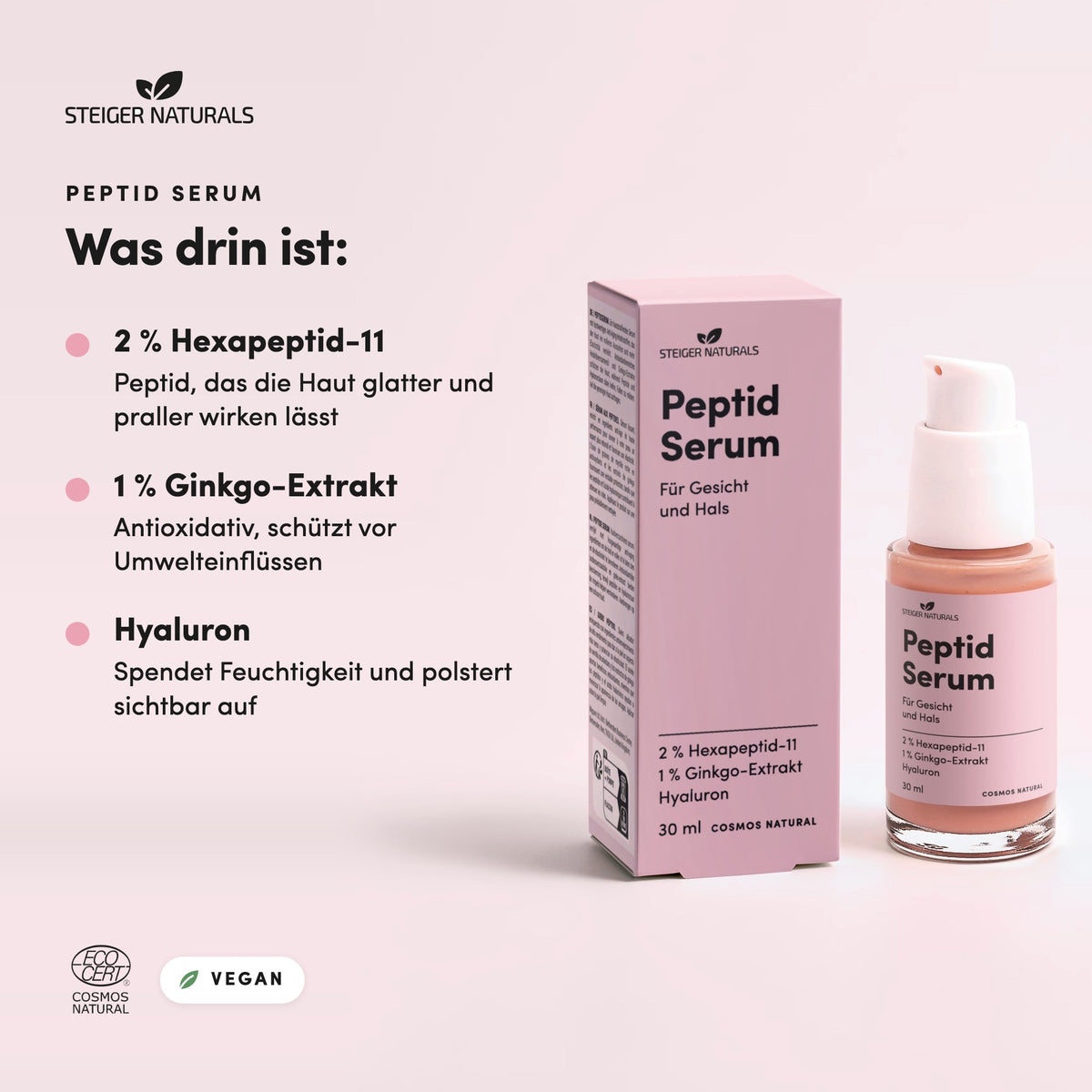 Peptid Serum Inhaltsstoffe: 2 % Hexapeptid-11, 1 % Ginkgo-Extrakt, Hyaluron