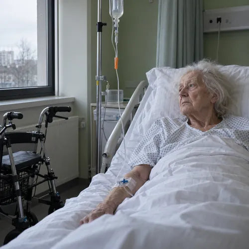 Ältere Frau liegt nach der Hüftoperation im Krankenhausbett